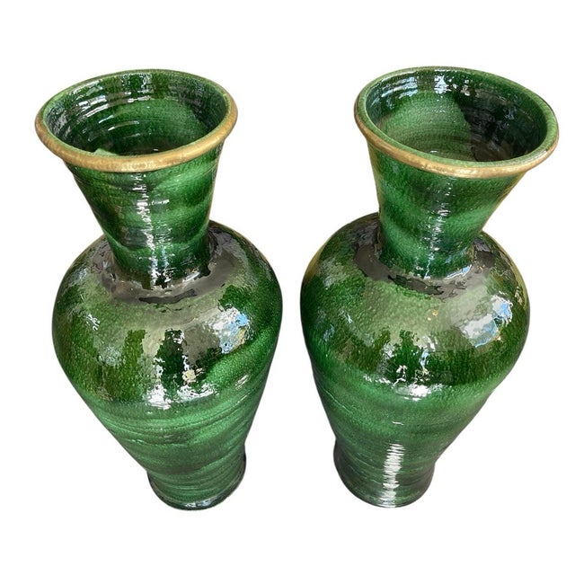 Moroccan Pair of Massive 38" Hand-Glazed Emerald Green Moroccan Terracotta Vases For Sale - Image 3 of 9