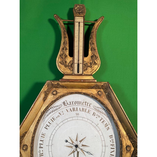 French Antique French Charles X Giltwood Lyre Barometer and Thermometer, Binda, Verdun For Sale - Image 3 of 6