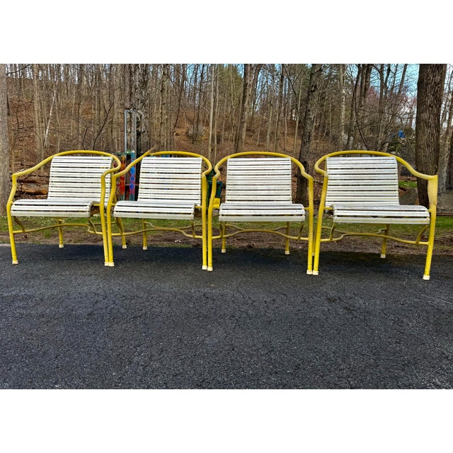 Plastic Vintage MCM Yellow Aluminum Patio Chairs Set of 4 White Vinyl Strap Retro For Sale - Image 7 of 8