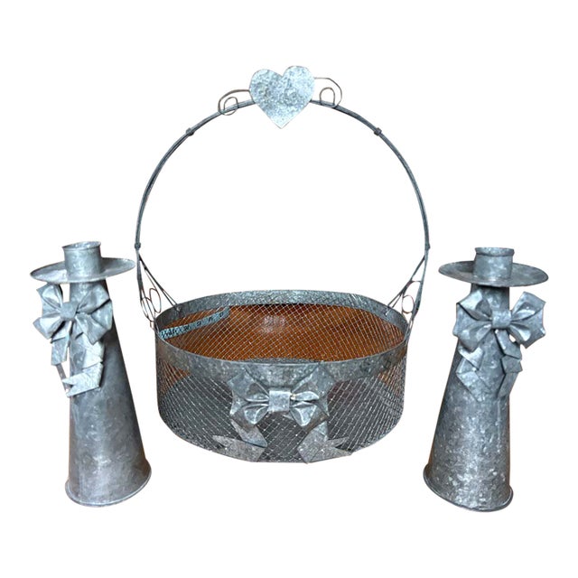 1990s Handcrafted Philippine Galvanized Metal Bow Candleholders & Heart Basket – 3 Pc Set For Sale