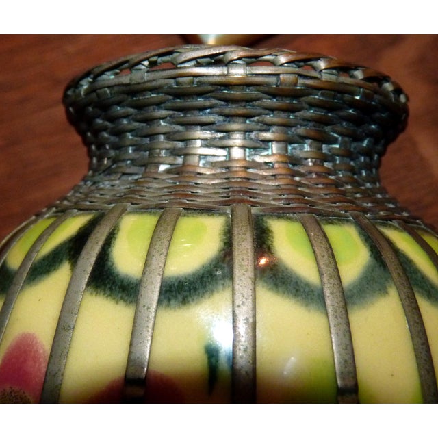 1900s Japanese Meiji Awaji Pottery Vase With Silver Basket-Weave Overlay For Sale In Los Angeles - Image 6 of 8
