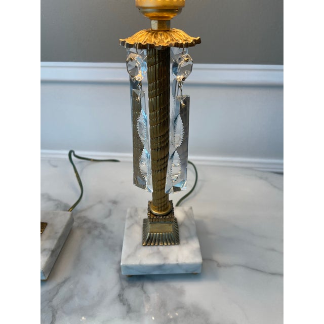 Antique Pair of Neo-Classical Petite Brass and Cut Crystal Lamps Completely Restored For Sale - Image 9 of 11