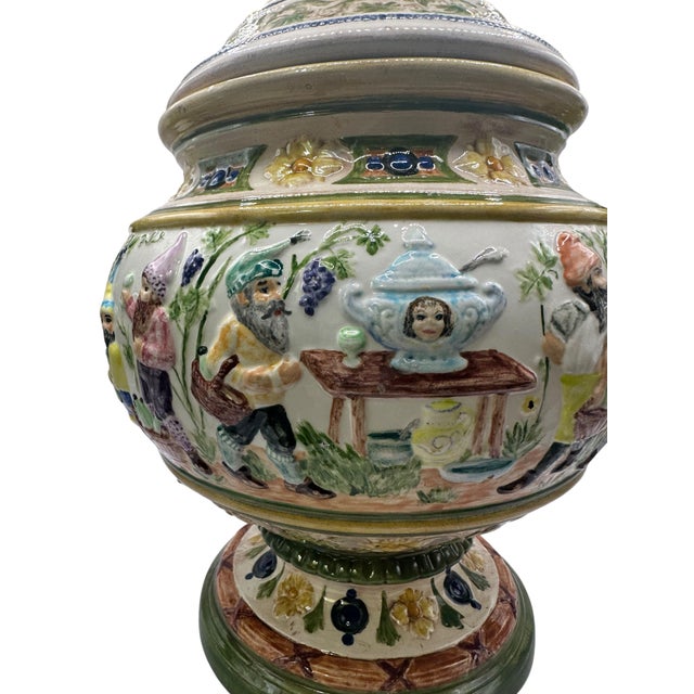Vintage Majolica Style Covered Tureen With Gnomes and Wing Gryphon Handles For Sale - Image 4 of 12