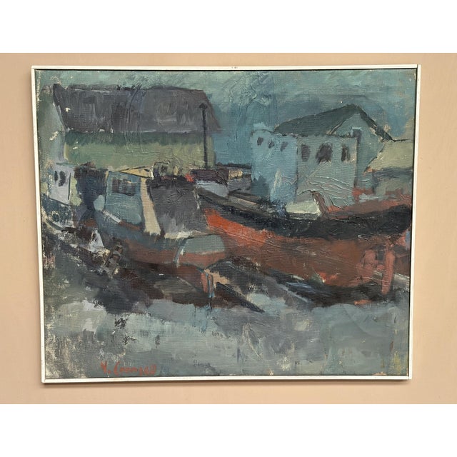 Original Swedish Oil on Canvas – “Boats” by Ingemar Stragnell – Signed – Vintage & Framed – 58 × 48 cm (22.8" × 18.9") A...