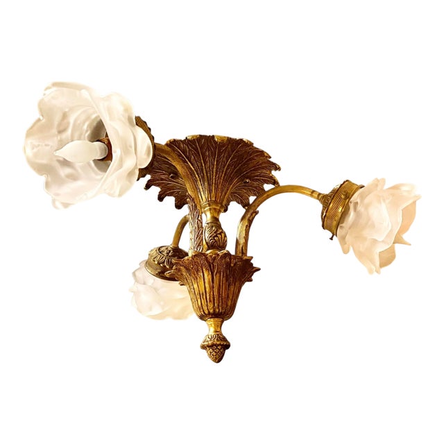 French Neoclassical Style Gilt Brass and Glass Ceiling Light, 1920s For Sale