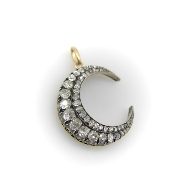Victorian Mid 19th Century Early Victorian Silver Front 14k Gold Back Old Mine Cut Diamond Crescent Moon Pendant For Sale - Image 3 of 11