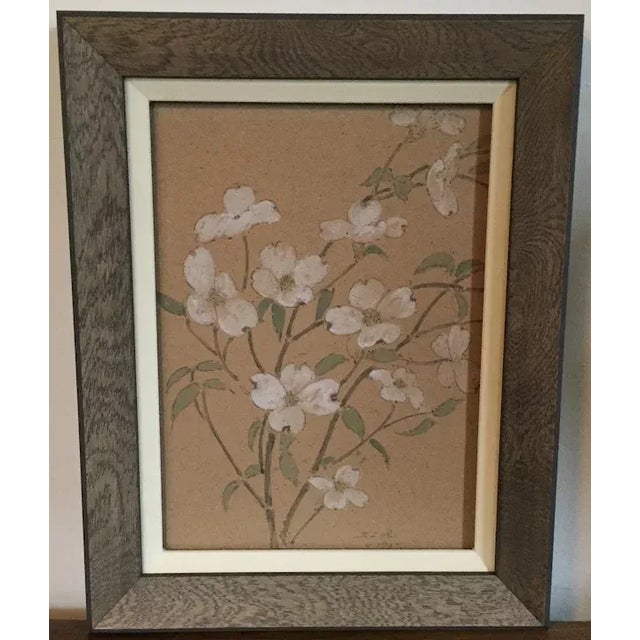Antique 1907 gouache painting of dogwood branches in the Aesthetic taste framed under glass. Signed with initials E. L. R....