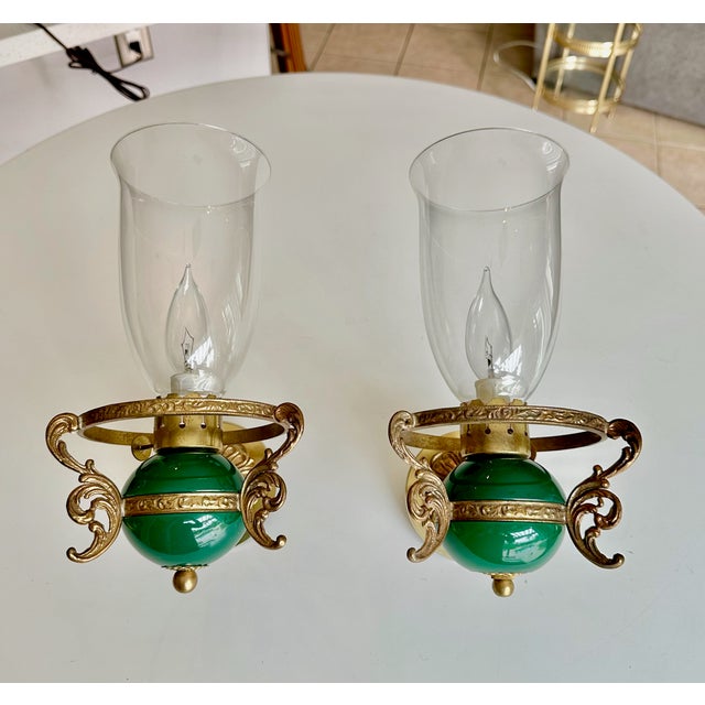 Pair Italian Green & Brass Faux Oil Lamp Wall Sconces For Sale - Image 4 of 18