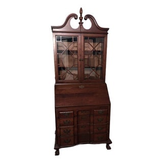 Mid 20th Century Tall Double Glass Doors Ball & Claw Carved Finial Drop Block Front Secretary For Sale