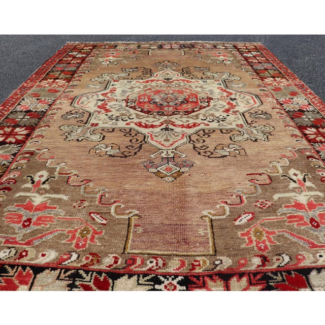 Vintage Turkish Oushak Floral Medallion Design in Camel, Black, Red, Gray & Tan For Sale - Image 4 of 14