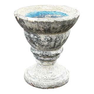Vintage Weathered Cast Stone Garden Urn Planter With Blue Glazed Interior For Sale