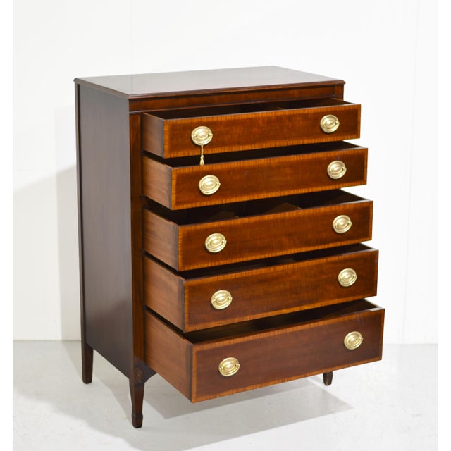 Mid 20th Century Mid Century Federal Style Inlaid Mahogany Highboy Dresser by Kindel of Grand Rapids For Sale - Image 5 of 14