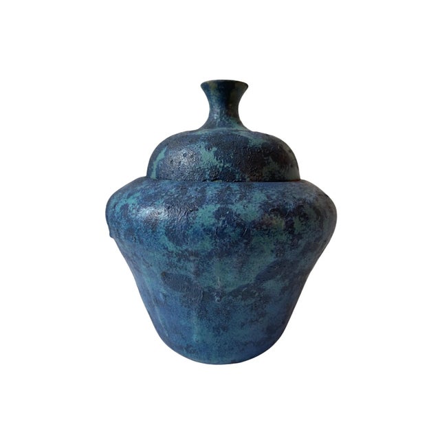Vintage Textured Marbeled Blue Glaze Pottery Stoneware Lidded Vessel, Signed For Sale - Image 11 of 11