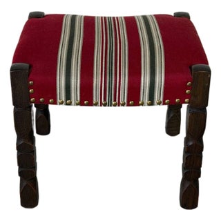 Dark Oak Ottoman Footstool With Red Striped Fabric Upholstery and Nailhead Trim Vintage For Sale