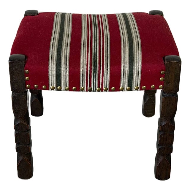 Dark Oak Ottoman Footstool With Red Striped Fabric Upholstery and Nailhead Trim Vintage For Sale
