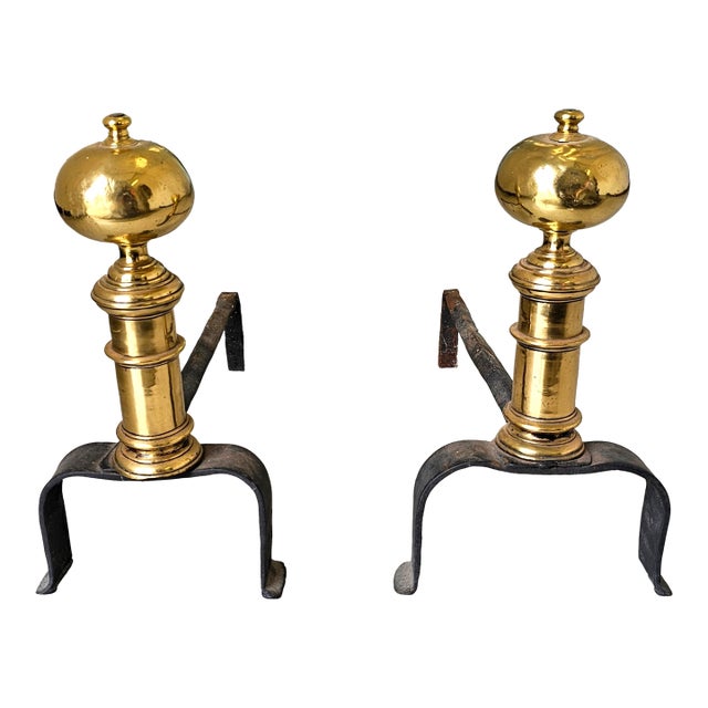 Pair 18th Century Early American Brass and Iron Canon Ball Andirons For Sale
