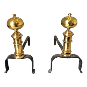 Pair 18th Century Early American Brass and Iron Canon Ball Andirons