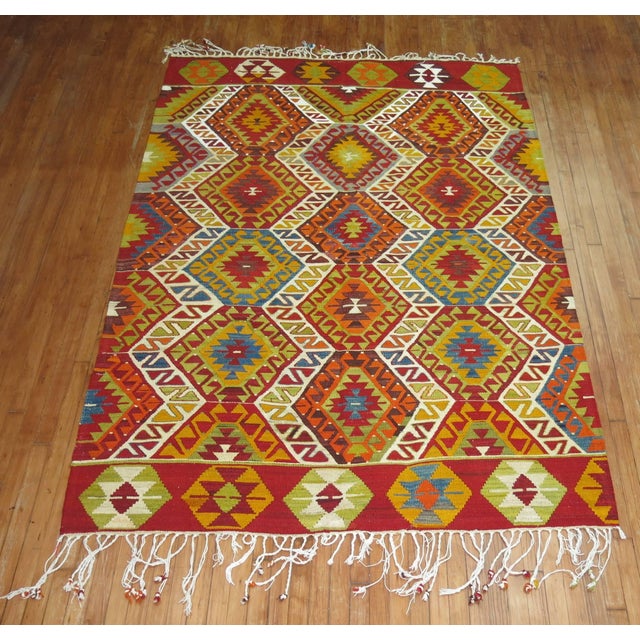 Folk Art Vintage Zabihi Collection Bright Turkish Kilim Geometric Tribal Flat-Weave - 5'8" x 8'4" For Sale - Image 3 of 6