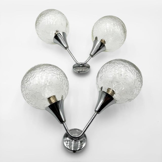 Space Age Wall Sconces in Crackled Glass and Chrome, 1970s, Set of 2 For Sale - Image 6 of 6
