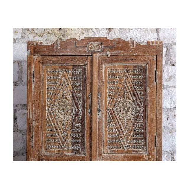 Wood Antique Heritage Revival Armoire With Brass Studs – 4 Door Hand-Carved Cabinet 70x36 For Sale - Image 7 of 7