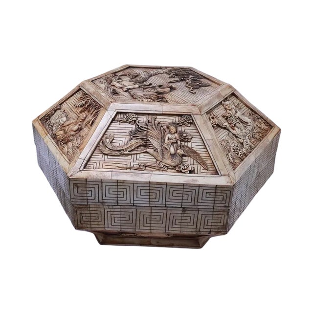 Late 19th Century Large Chinese Carved Bone Hexagonal Jewelry Casket Box With Figural Panels & Fitted Interior For Sale - Image 4 of 8