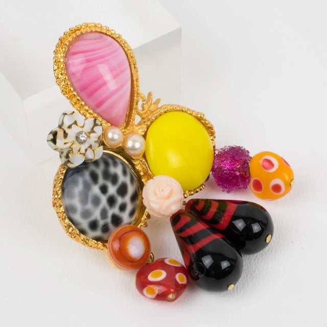 Christian Lacroix Christian Lacroix Gilt Metal Jeweled Pin Brooch with Poured Glass Dangle Charms For Sale - Image 4 of 7