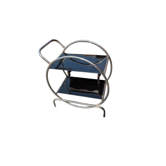 Art Deco Art Deco Chrome Hoop & Black Glass Cocktail Cart Dry Bar or Tea Trolly For Sale - Image 3 of 3
