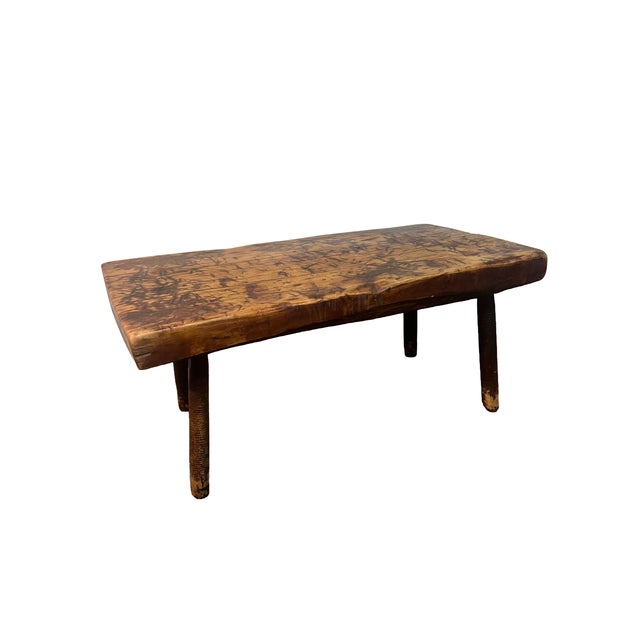Antique Early American Rustic Bench With Splayed Turned Splayed Legs and Thick Cut Seat For Sale - Image 4 of 12