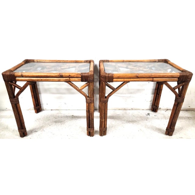 French Bamboo Rattan Glass Side End Tables 1960s - a Pair For Sale - Image 10 of 12