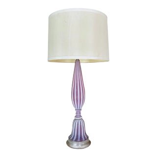 1960s Large Raspberry Lavender Opaline Murano Glass Ribbed Table Lamp by Barovier For Sale