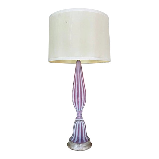 Large Raspberry Lavender Opaline Murano Glass Ribbed Table Lamp by Barovier For Sale