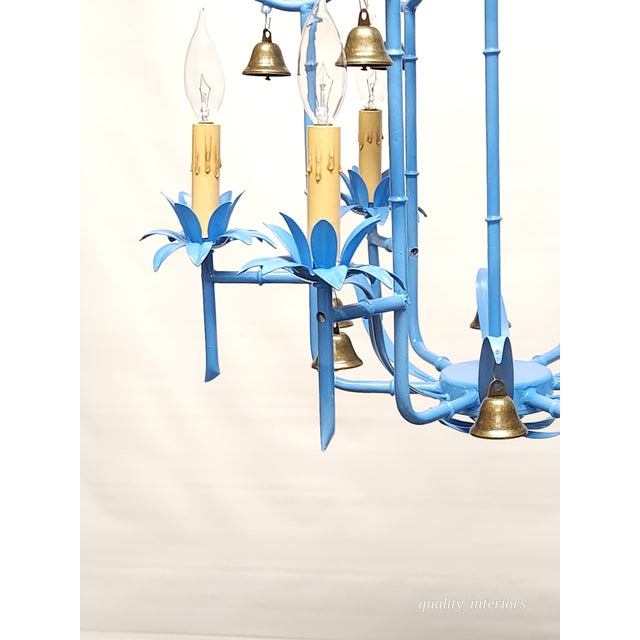 Splendid Italian Tole Vintage Baby Blue Faux Bamboo Pagoda Brass Chandelier ~ Rewired ~ Restored ~ Rejuvenated ~ Ready to Hang ~ For Sale - Image 9 of 12