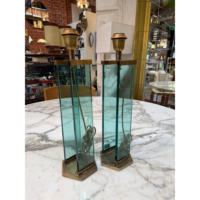 1970s Fontana Arte Style Brass and Blue Glass Table Lamps - a Pair For Sale In Los Angeles - Image 6 of 12