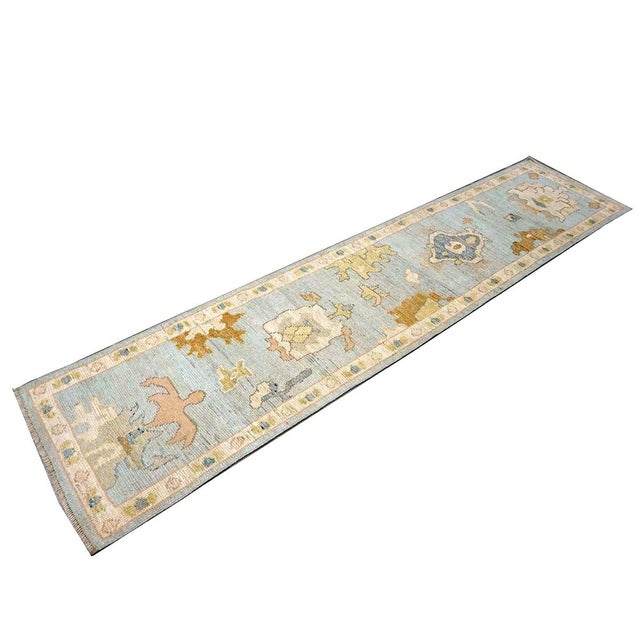 Gold 21st Century Turkish Oushak Wool 2X10 Gold, Light Blue & Ivory Handmade Runner Rug #1144116 For Sale - Image 8 of 11