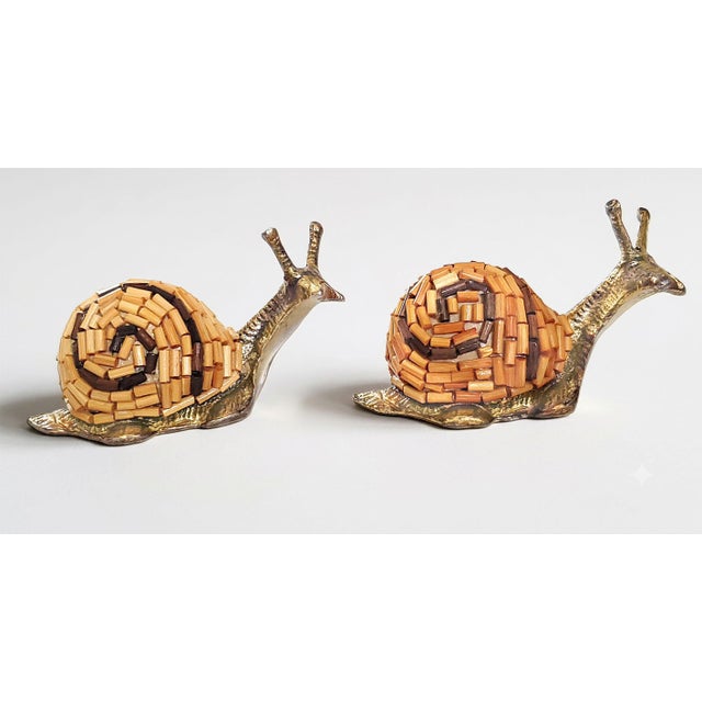 Offering a rare pair of Italian brass & bamboo beaded snail figurine paperweights, each signed Tarzia-Firenze-Italy, circa...