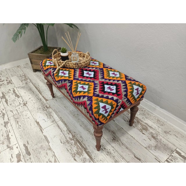 Wood Handmade Kilim Rug Upholstered Piano Bench For Sale - Image 7 of 10