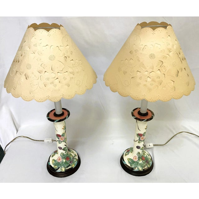 Vintage Italian Ceramic Majolica Candlestick Lamps With Pierced Paper Lampshades- Set of 2 For Sale - Image 4 of 12