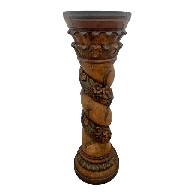 1920s Antique Italian Style Column Bust Plant Stand Pedestal Hand Carved Solid Wood For Sale - Image 5 of 12