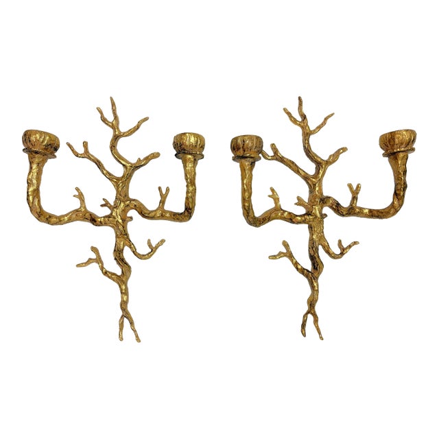 Vintage Felix Agostini Style Gold Faux Bois Branch Candle Wall Sconces- A Pair For Sale