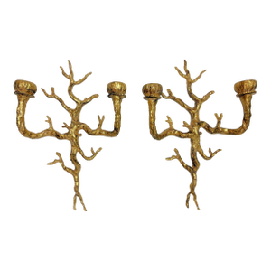 Vintage Felix Agostini Style Gold Faux Bois Branch Candle Wall Sconces- A Pair