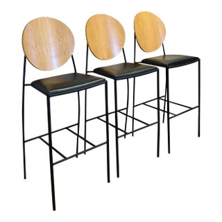 1990s Dakota Jackson Vik-Ter II Maple and Black Cushioned Bar Stools - Set of 3 For Sale
