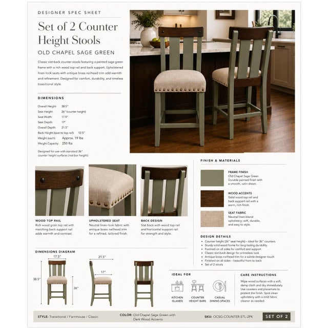 Contemporary Late 20th Century Designer Counter Height Stools, Set of 2, Old Chapel Sagewood Finish With Upholstered Seats For Sale - Image 3 of 3