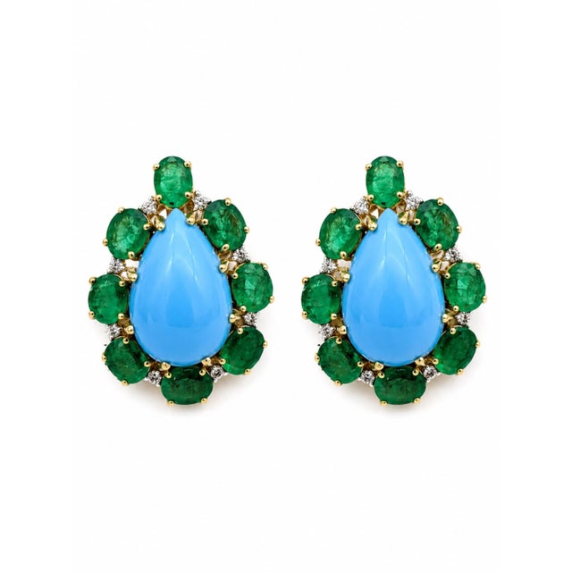Modern Natural Emerald, Turquoise, & Diamond Earring in 14k Gold For Sale - Image 3 of 8