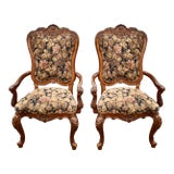 Vintage Pair of Thomasville Carved Tuscan Style Arm Chairs W/Floral Fabric For Sale