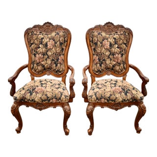 Vintage Pair of Thomasville Carved Tuscan Style Arm Chairs W/Floral Fabric For Sale