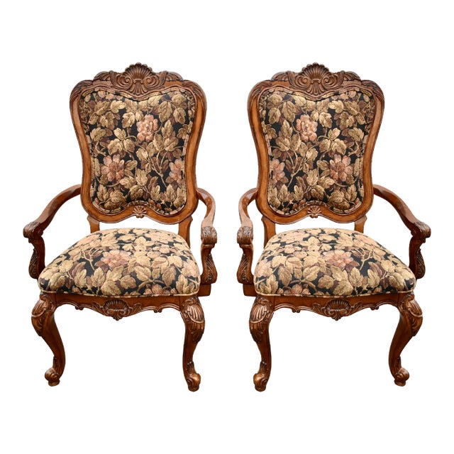 Vintage Pair of Thomasville Carved Tuscan Style Arm Chairs W/Floral Fabric For Sale