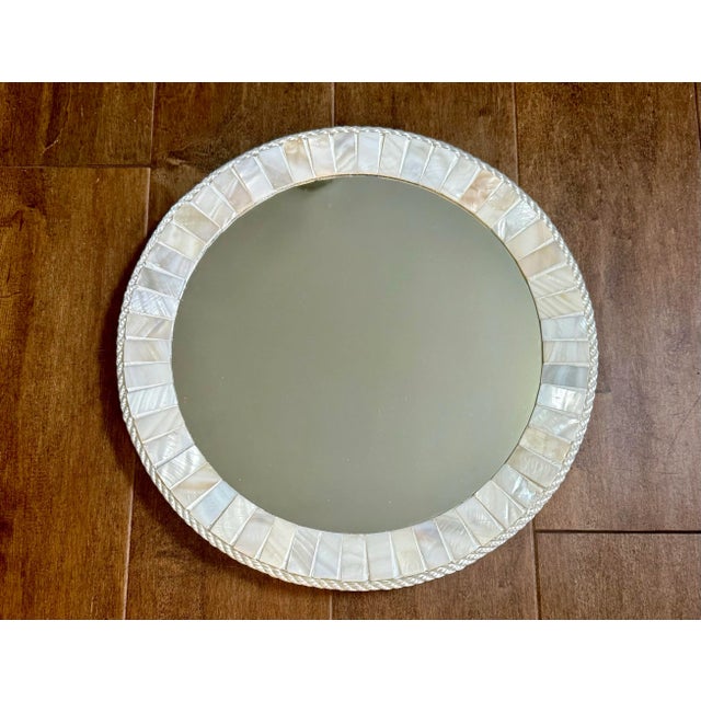 Contemporary White Oyster Shell Inlay Round Mirror, as in Bone Mirror; For Wall or TableTop, Handmade For Sale - Image 3 of 12