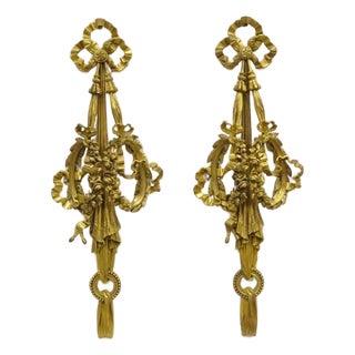 French Louis XV Gold Gilt Bronze Ribbon Drape Large Wall Plaque Sconces - A Pair For Sale
