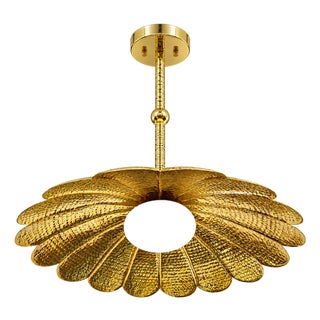 Handmade Brass Flower Chandelier, Hammered Floral Pendant Light, Art Deco Ceiling Fixture For Sale