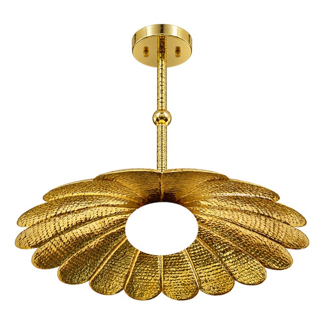 Handmade Brass Flower Chandelier, Hammered Floral Pendant Light, Art Deco Ceiling Fixture For Sale